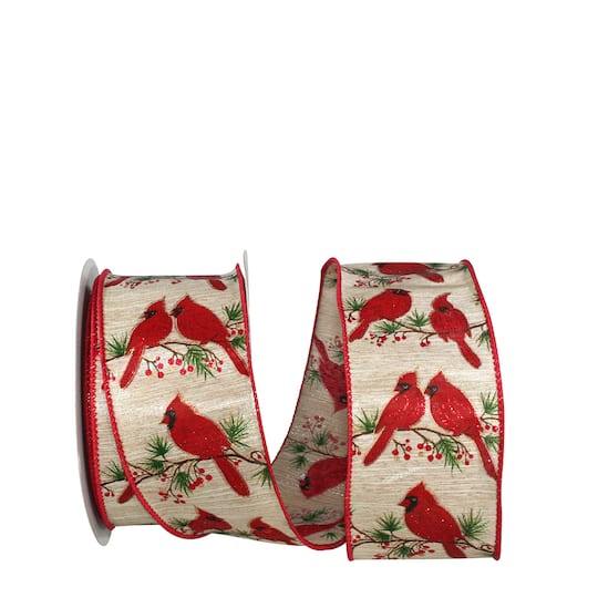 JAM Paper 2.5" x 20yd. Red Cardinals Wood Grain Wired Ribbon